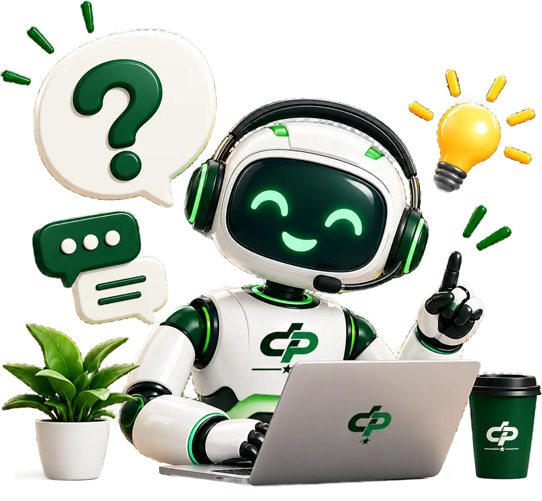 Custom Patch Artist support robot at a laptop with question and idea icons