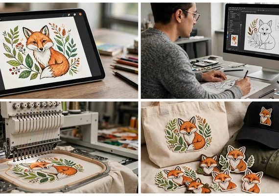 From fox illustration to digitizing, machine embroidery, and finished fox patches on a tote and cap