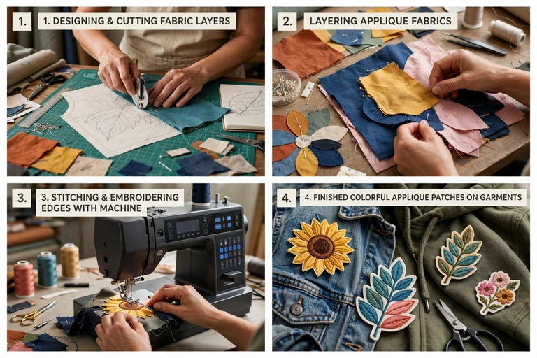 Four-step appliqué process: designing and cutting fabric layers, layering shapes, stitching edges, and finished patches on garments