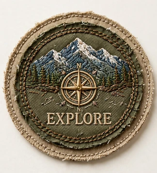 Circular layered appliqué patch with mountains, a compass rose, and the word Explore