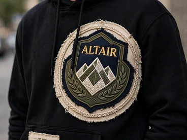 Black hoodie with a layered Altair mountain appliqué patch on a frayed fabric base