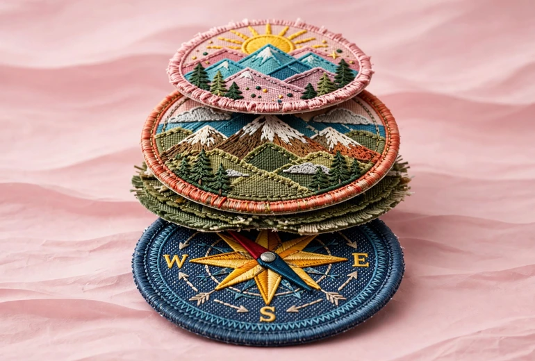 Stacked circular appliqué patches with mountain landscapes and a compass rose design on layered fabric