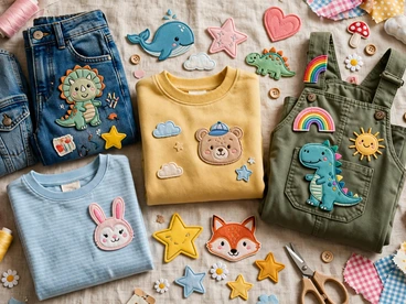 Kids jeans, sweatshirt, overalls, and tee with playful dinosaur, teddy bear, bunny, and star appliqué patches