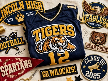 Tigers jersey appliqué with school spirit patches for Lincoln High, Eagles, Wildcats, and Class of 2025