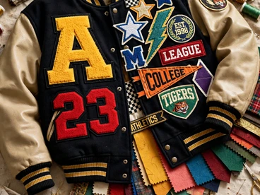 Varsity jacket with large letter A and number 23 appliqué patches plus school league and athletics badges