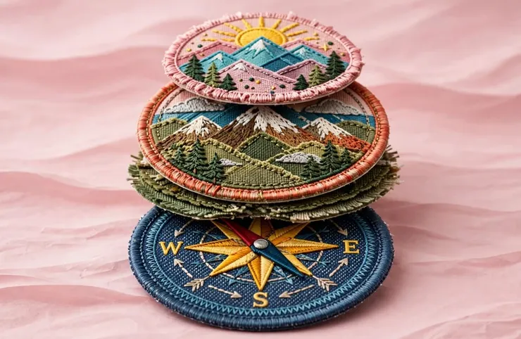 Stack of round appliqué patches with mountain landscapes and a compass design