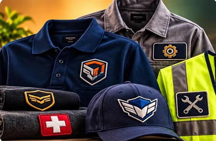 Polo shirt, work shirt, cap, and safety vest with embroidered logo patches