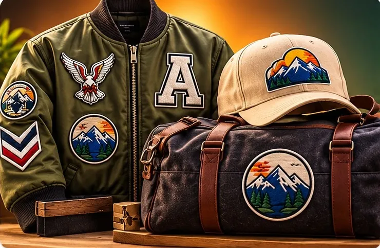 Olive bomber jacket, cap, and duffel bag with embroidered mountain and letter patches