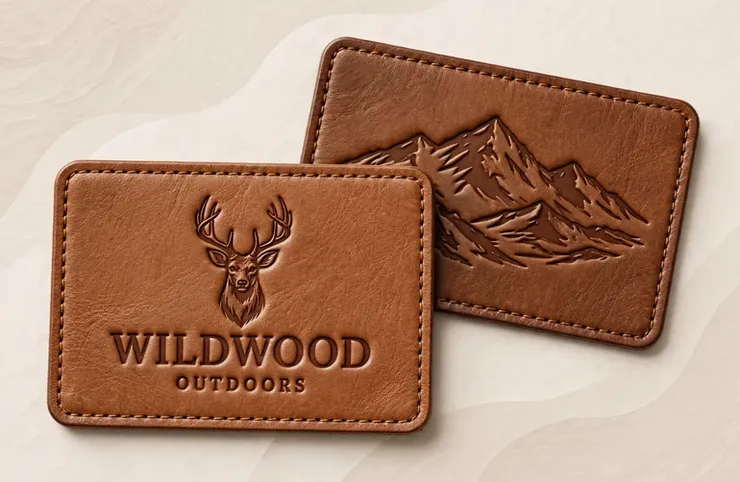 Two brown leather patches, one debossed with a stag and Wildwood Outdoors