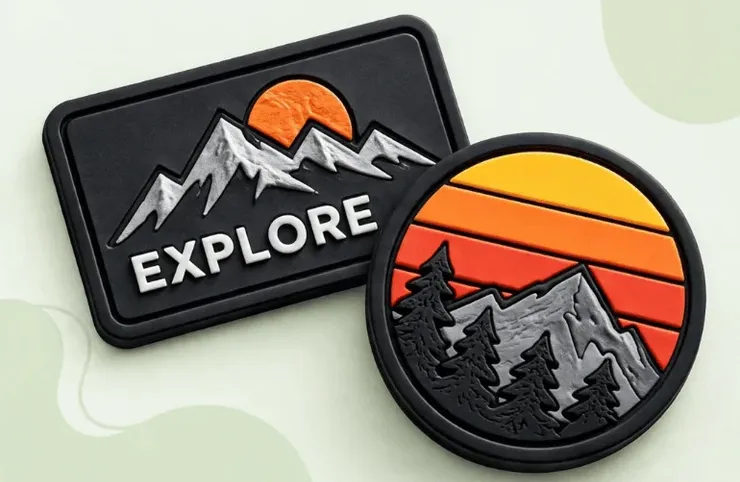 Black PVC patch with mountains and the word Explore next to a round sunset PVC patch