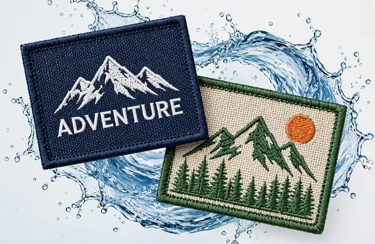 Two woven patches with mountain designs, one reading Adventure