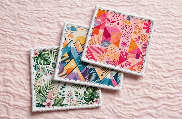Colorful sublimated patches with floral and geometric designs on pink fabric