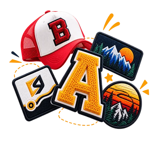 Custom patch collage with cap, chenille letter, and embroidered patches