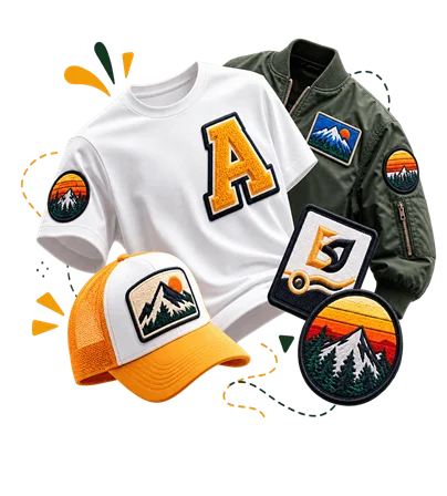 Custom patches on apparel including jacket, cap, and t-shirt