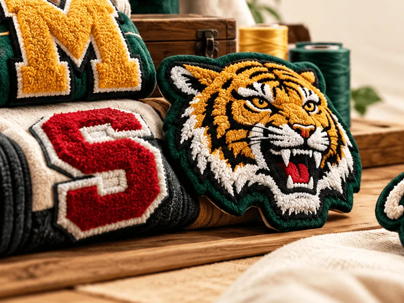 Gold and red chenille letter patches beside a chenille tiger mascot