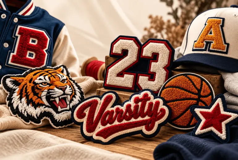Chenille varsity display with a letter A on a green jacket, stacked letter patches, a tiger mascot, a script Varsity wordmark, a letter C, and a cap with the letter R