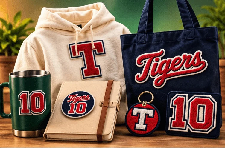Cream hoodie, tote bag, tumbler, notebook, and keychain with matching embroidered mountain patches