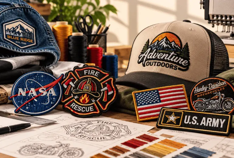 Embroidered patches including a tiger on a green cap, varsity letter A, crown, mountain, eagle, rose, and Custom Patches badge with thread spools