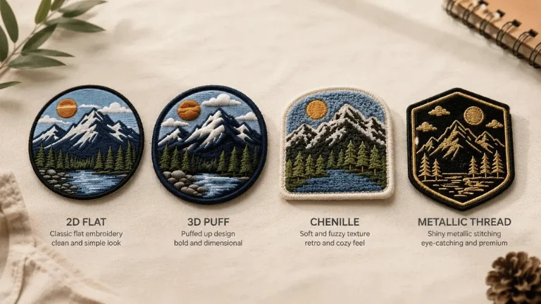 Four mountain patches comparing stitch styles: 2D flat, 3D puff, chenille, and metallic thread