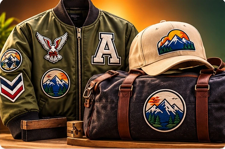 Olive bomber jacket, cap, and duffel bag decorated with embroidered mountain, eagle, and letter patches