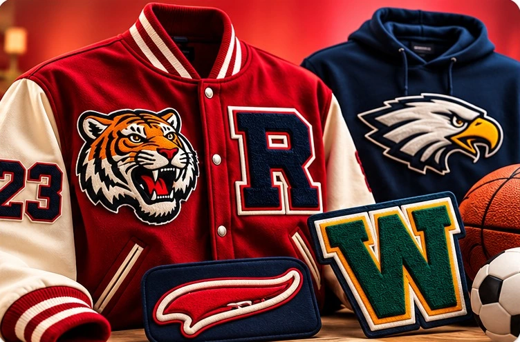 Red varsity jacket with a tiger patch and letter R beside a navy hoodie with an eagle patch and team letter patches