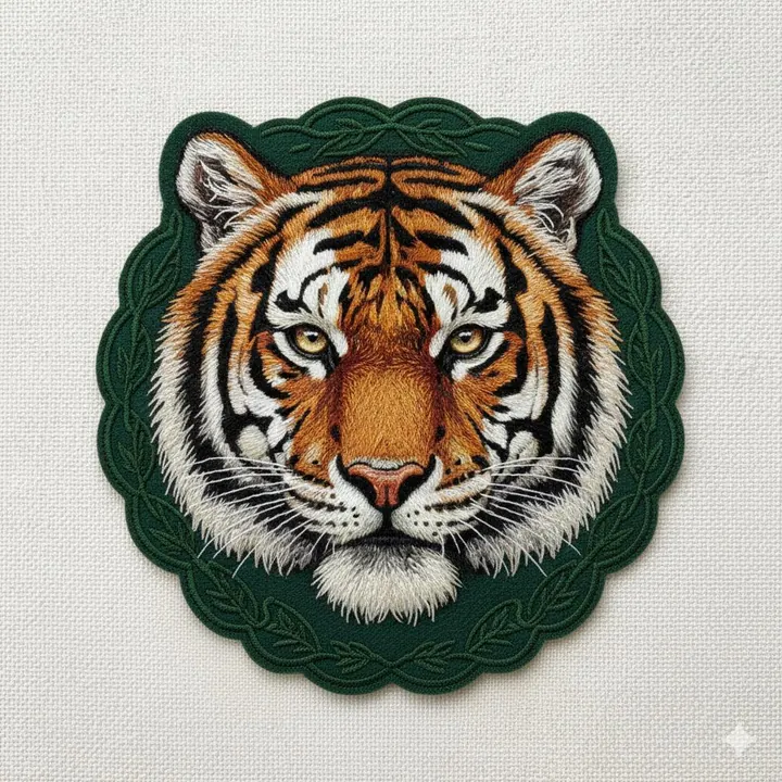 Embroidered tiger head patch on a green scalloped border, shown on linen