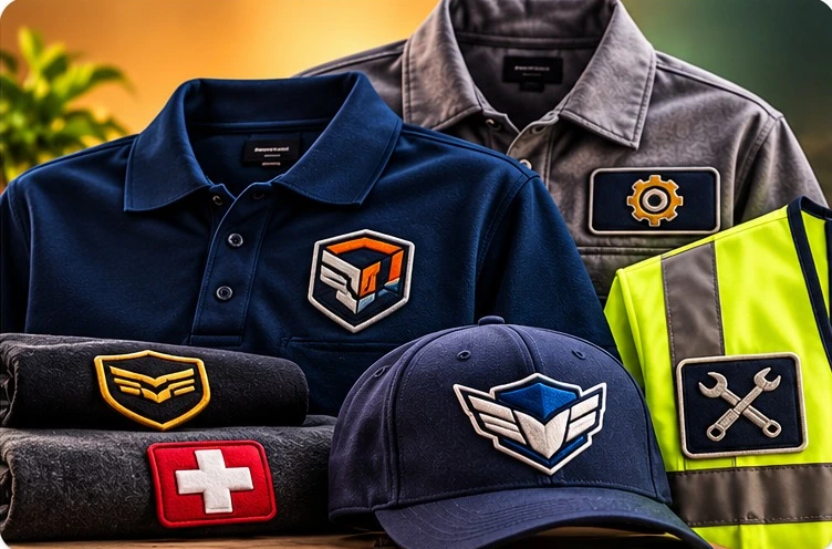 Navy polo, grey work shirt, cap, and high-visibility vest with embroidered logo patches