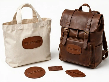 Canvas tote and leather backpack with Wildwood leather patches beside loose branded leather shapes
