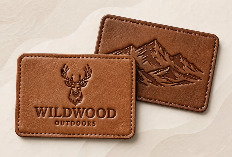 Two brown leather patches with stitched edges, one with a stag and Wildwood Outdoors and one with mountains