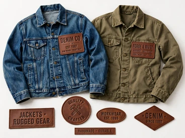 Denim and olive work jackets with leather brand patches plus loose denim and workwear leather badges