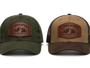 Olive and tan trucker caps with matching Wildwood Outdoors debossed leather patches