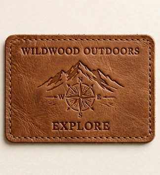 Brown leather patch with Wildwood Outdoors text, mountains, a compass, and the word Explore