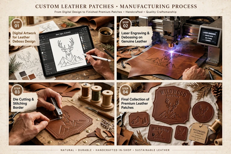 Four-step leather patch process: digital deboss design, laser engraving on leather, die cutting and stitching, and finished Wildwood patches