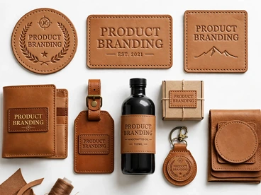 Leather product branding on patches, a wallet, luggage tag, bottle wrap, gift box, keychain, and folio