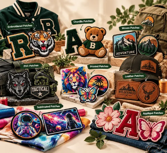 Showcase of custom patch styles including embroidered, chenille, woven, PVC, printed, leather, sublimated, and applique patches