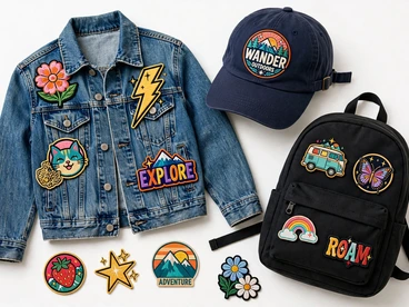 Printed patches on a denim jacket, baseball cap, and backpack with colorful adventure and nature designs