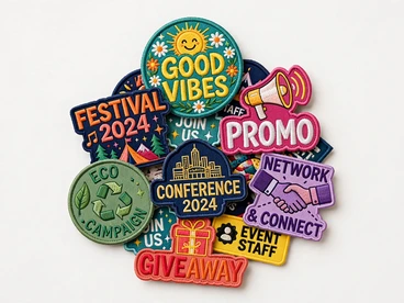 Colorful printed event and promo patches including Festival 2024, Conference, Giveaway, and Event Staff designs