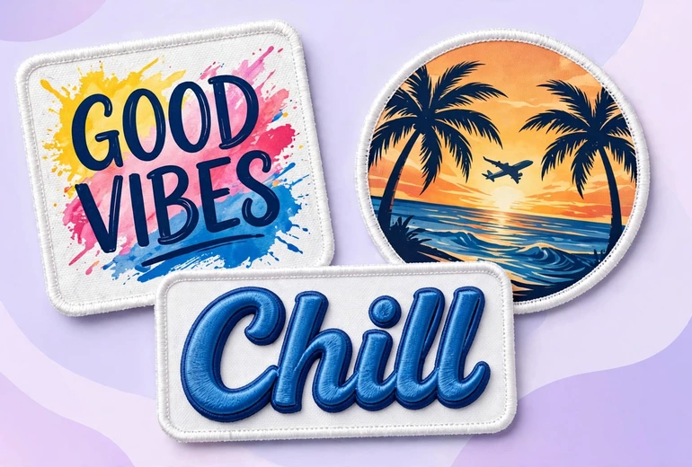 Three printed patches: a Good Vibes watercolor design, a palm tree sunset circle, and a Chill wordmark