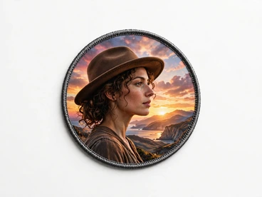 Circular printed patch with a photo-style portrait of a woman in a hat against a coastal sunset