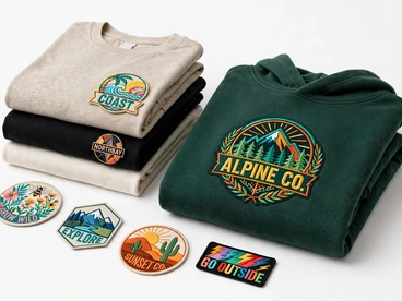 Printed brand patches on a green Alpine Co hoodie and stacked Coast and North Bay sweatshirts