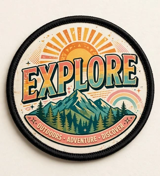 Circular printed Explore patch with a sun, mountains, pine trees, and Outdoors Adventure Discover banner