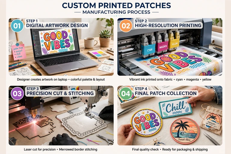 Four-step printed patch process: digital artwork design, high-resolution fabric printing, precision cut and stitching, and final patch collection