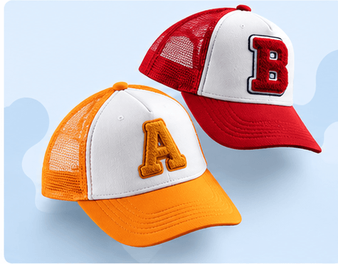 Caps with raised chenille letter A and B patches