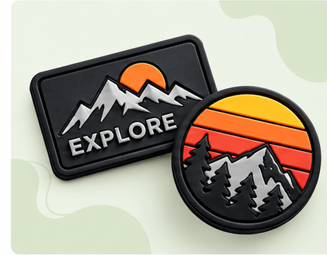 Molded PVC mountain patches, including an Explore design