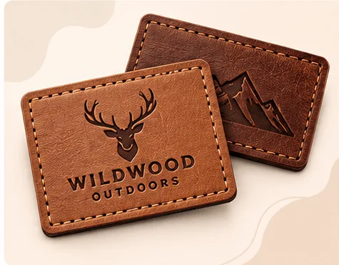 Leather patches stamped with a deer and Wildwood Outdoors design
