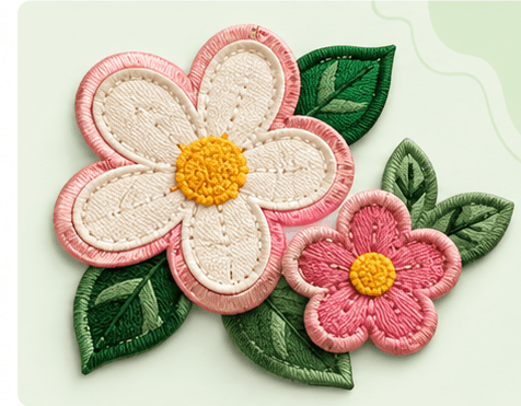 Flower applique patches made from layered, stitched fabric pieces