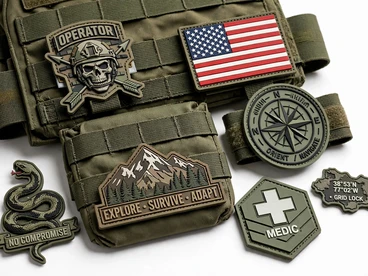 PVC patches on olive tactical gear, including operator, flag, mountain, compass, medic, and snake designs