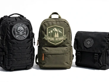 PVC logo patches on a black tactical backpack, olive canvas backpack, and black messenger bag