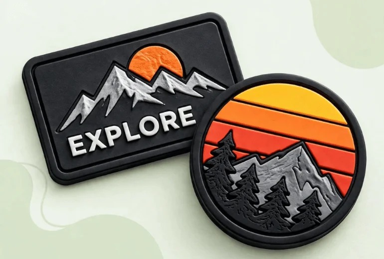 Two PVC patches, a black rectangle reading Explore with mountains and a sun, and a round patch with pine trees over a striped sunset