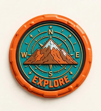 Round orange and teal PVC patch with a compass and the word Explore